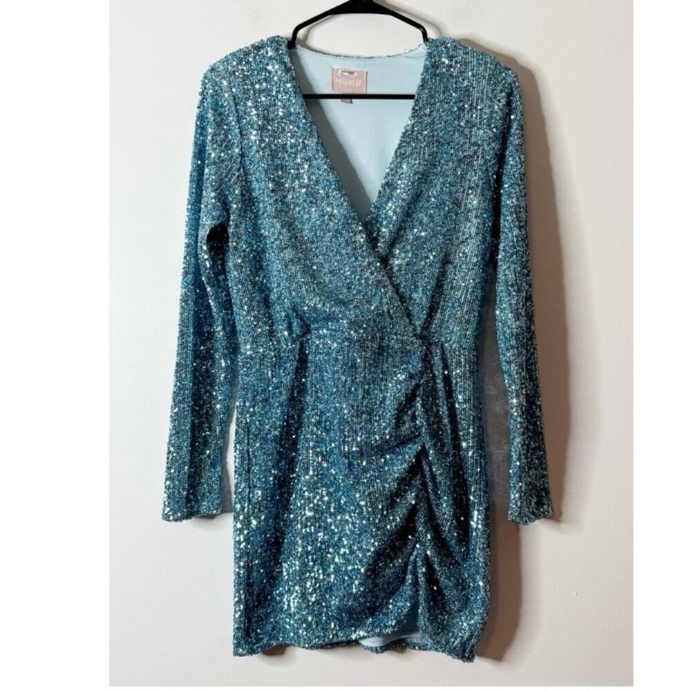 Show Me Your MuMu Sky Blue Sequin Long Sleeve Wrap Mini Dress - Picture 5 of 16